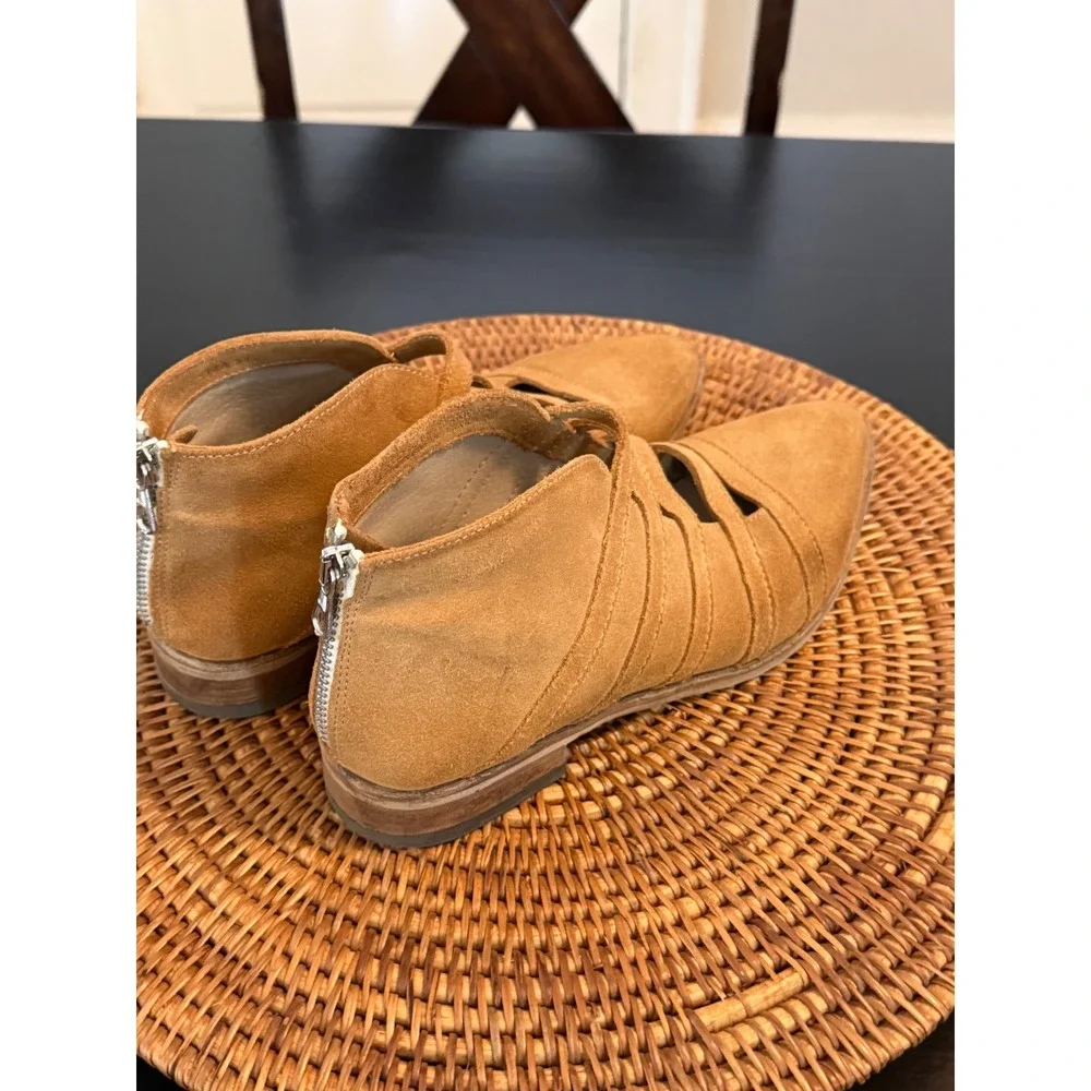Free‎ People Tan Suede Caged Ankle Boots Pointed Toe Strappy Booties Size 38